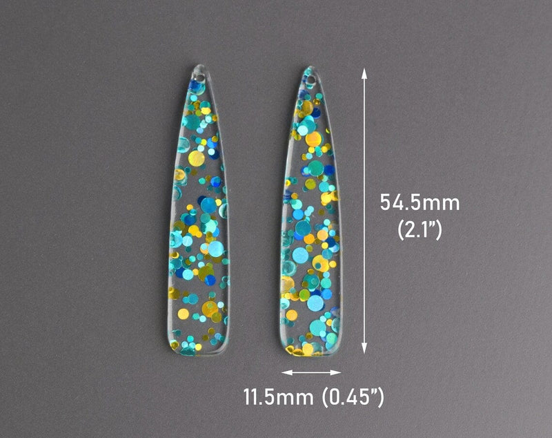 4 Long Teardrop Charms in Pool Party, Clear with Mint Green, Teal, Blue and Gold Confetti Dots, Acrylic Plastic, 54.5 x 11.5mm