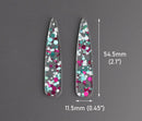 4 Long Teardrop Charms in Music Festival, Clear with Green Teal, Pink and White, Colorful Confetti, Transparent Acrylic Plastic, 54.5 x 11.5mm