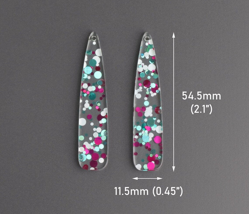 4 Long Teardrop Charms in Music Festival, Clear with Green Teal, Pink and White, Colorful Confetti, Transparent Acrylic Plastic, 54.5 x 11.5mm