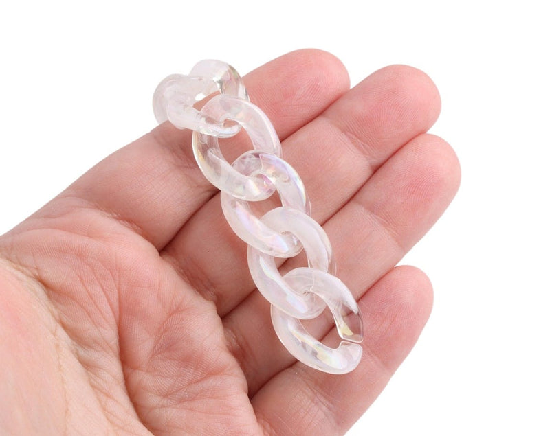 1ft Clear Acrylic Chain Links in Opal Mist, 23mm, Translucent and Iridescent, Flat Curb Connectors