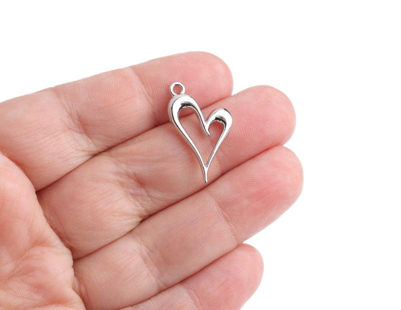 4 Silver Heart Outline Charms with Loop, Heart Ring Pendants, Metal Alloy, 24 x 15mm