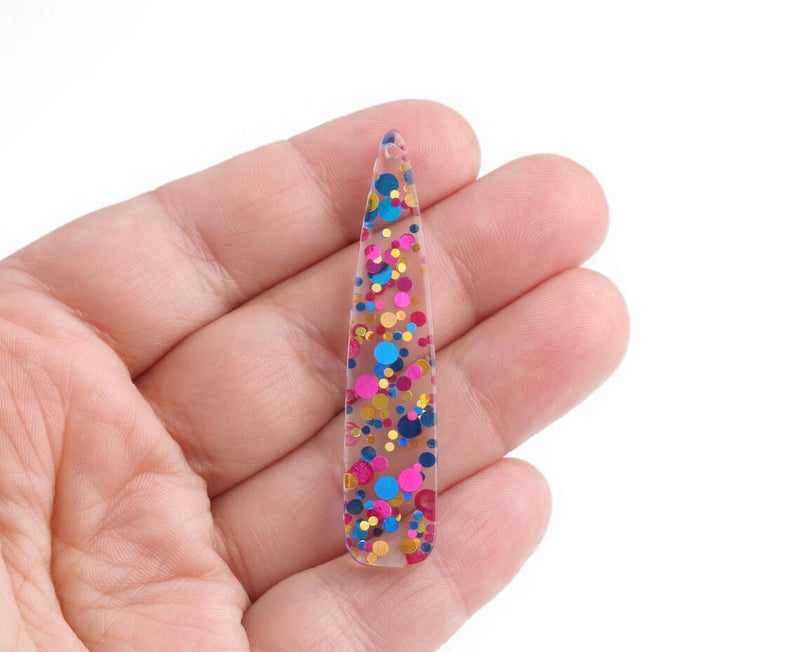 4 Long Teardrop Charms in Cocktail Party, Clear with Pink, Blue and Gold Confetti Dots, Acrylic Plastic, 54.5 x 11.5mm