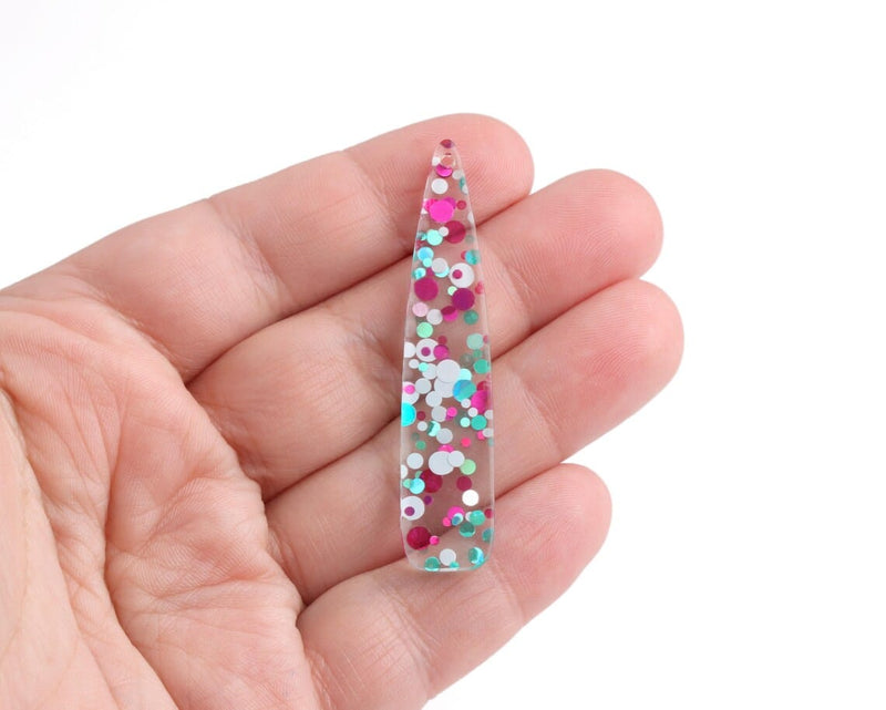 4 Long Teardrop Charms in Music Festival, Clear with Green Teal, Pink and White, Colorful Confetti, Transparent Acrylic Plastic, 54.5 x 11.5mm
