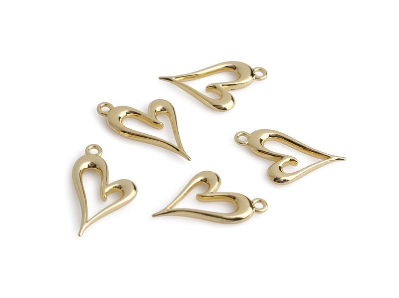 4 Gold Tone Heart Outline Charms with Loop, Heart Ring Pendants, Metal Alloy, 24 x 15mm