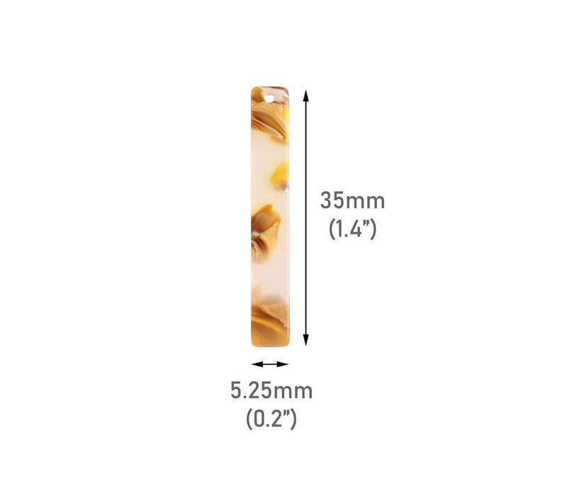4 Thin Bar Charms in Toffee, 1 Hole, Translucent Yellow Charms, Flat Rectangle Stick Beads, Acetate, 35 x 5.25mm