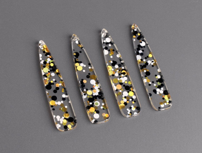 4 Long Teardrop Charms in Hollywood Gala, Clear with Gold, Black and White, Metallic Confetti, Acrylic Plastic, 54.5 x 11.5mm