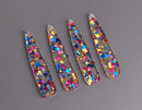4 Long Teardrop Charms in Cocktail Party, Clear with Pink, Blue and Gold Confetti Dots, Acrylic Plastic, 54.5 x 11.5mm