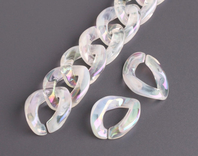 1ft Clear Acrylic Chain Links in Opal Mist, 23mm, Translucent and Iridescent, Flat Curb Connectors