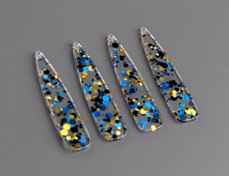 4 Long Teardrop Charms in Candlelight Gala, Clear with Dark Blue, Gold and Black Confetti, Transparent Acrylic Plastic, 54.5 x 11.5mm