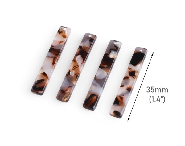 4 Thin Stick Charms in Espresso Brown, Flat Rectangle Beads, 1 Hole, Acetate Plastic, 35 x 5.25mm