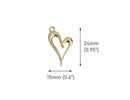 4 Gold Tone Heart Outline Charms with Loop, Heart Ring Pendants, Metal Alloy, 24 x 15mm