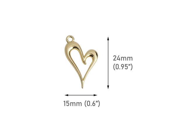 4 Gold Tone Heart Outline Charms with Loop, Heart Ring Pendants, Metal Alloy, 24 x 15mm