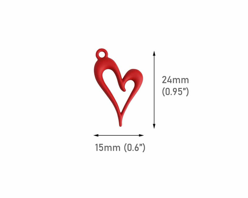 4 Matte Red Heart Outline Charms with Loop, 3D Heart Ring Pendants, Metal Alloy, 24 x 15mm