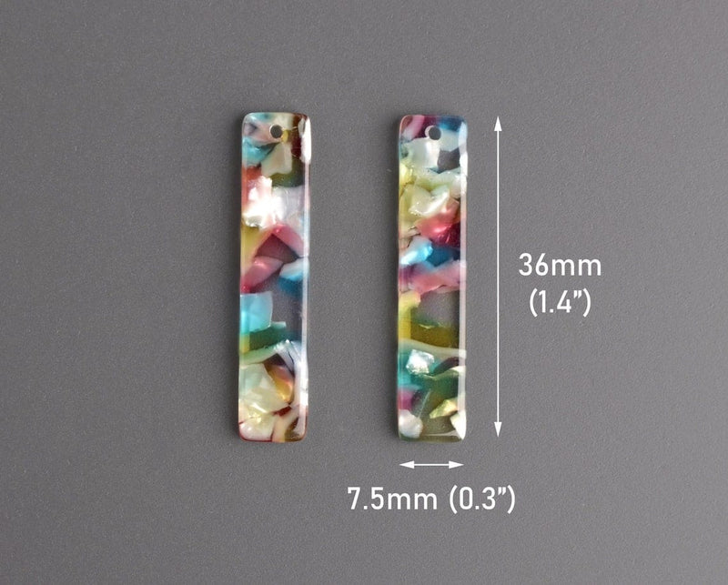 4 Bar Charms in Cathedral Glass, Flat Rectangle Blanks in Blue, Red and Green, Transparency, Acetate Plastic, 36 x 7.5mm