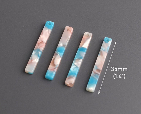 4 Thin Bar Charms in White Pearl, Light Blue and Pink, 1 Hole Bead, Earring Charms in Pastels, Acetate Plastic, 35 x 4.5mm