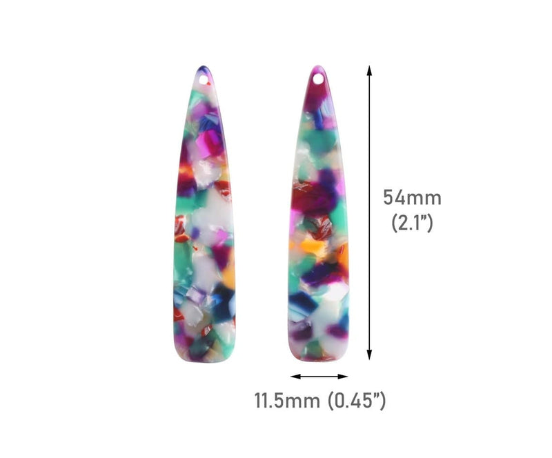 4 Long Teardrop Charms in Multicolored, Colorful, Flat Paddle Shape, Cellulose Acetate, 54 x 11.5mm