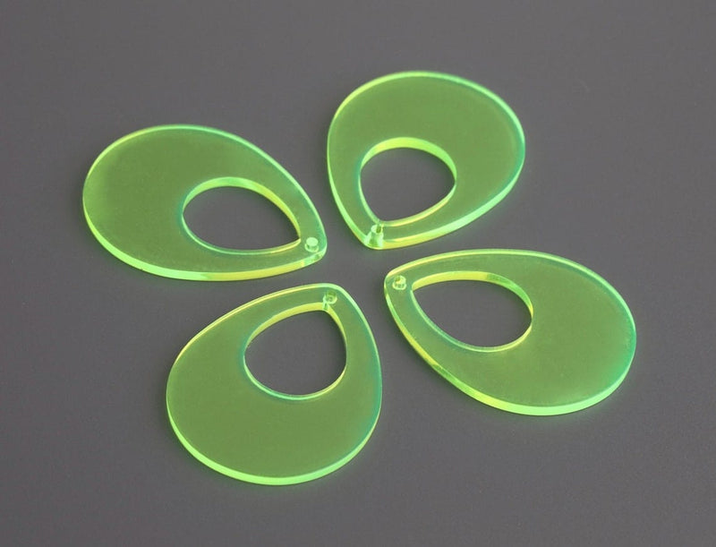 4 Neon Yellow Teardrop Pendants, Transparent Earring Drops, Open Cut Out, Acrylic, 38 x 30mm