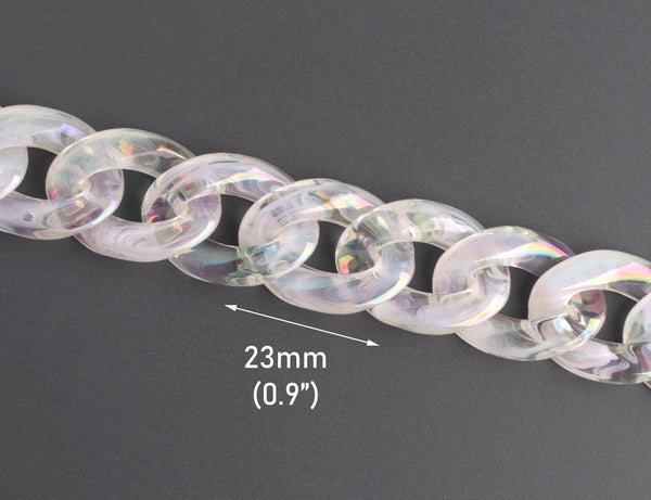 1ft Clear Acrylic Chain Links in Opal Mist, 23mm, Translucent and Iridescent, Flat Curb Connectors