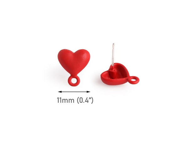 4 Matte Red Heart Ear Studs with Loops, Metal Alloy Posts, Tiny Puffed Heart Studs, Earring Findings, 0.5"