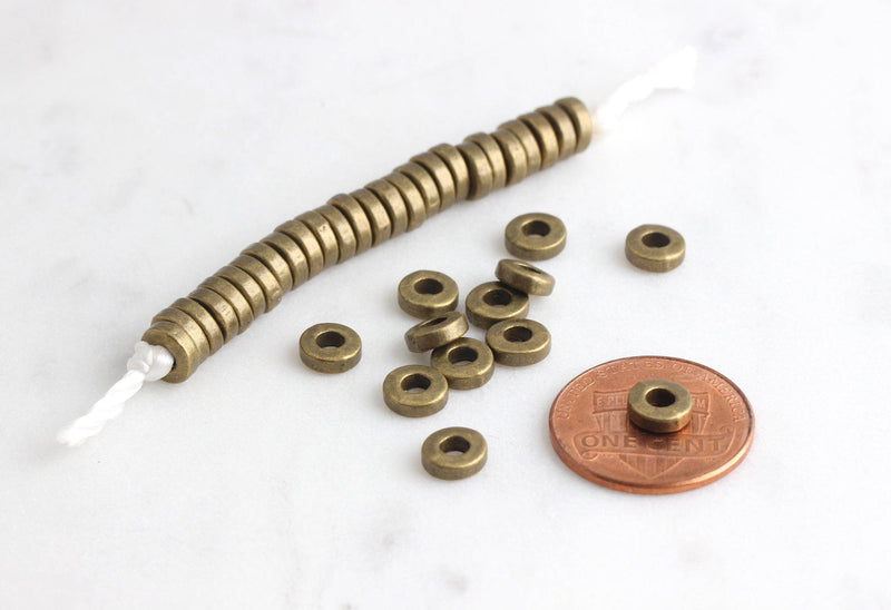 Antique Brass Beads Tibetan Silver 6mm (100pcs) Large Hole 2.5mm, Metal Spacer Beads Donut Flat Round Bead Bronze Disc Heishi, BEAD002-06-MAB