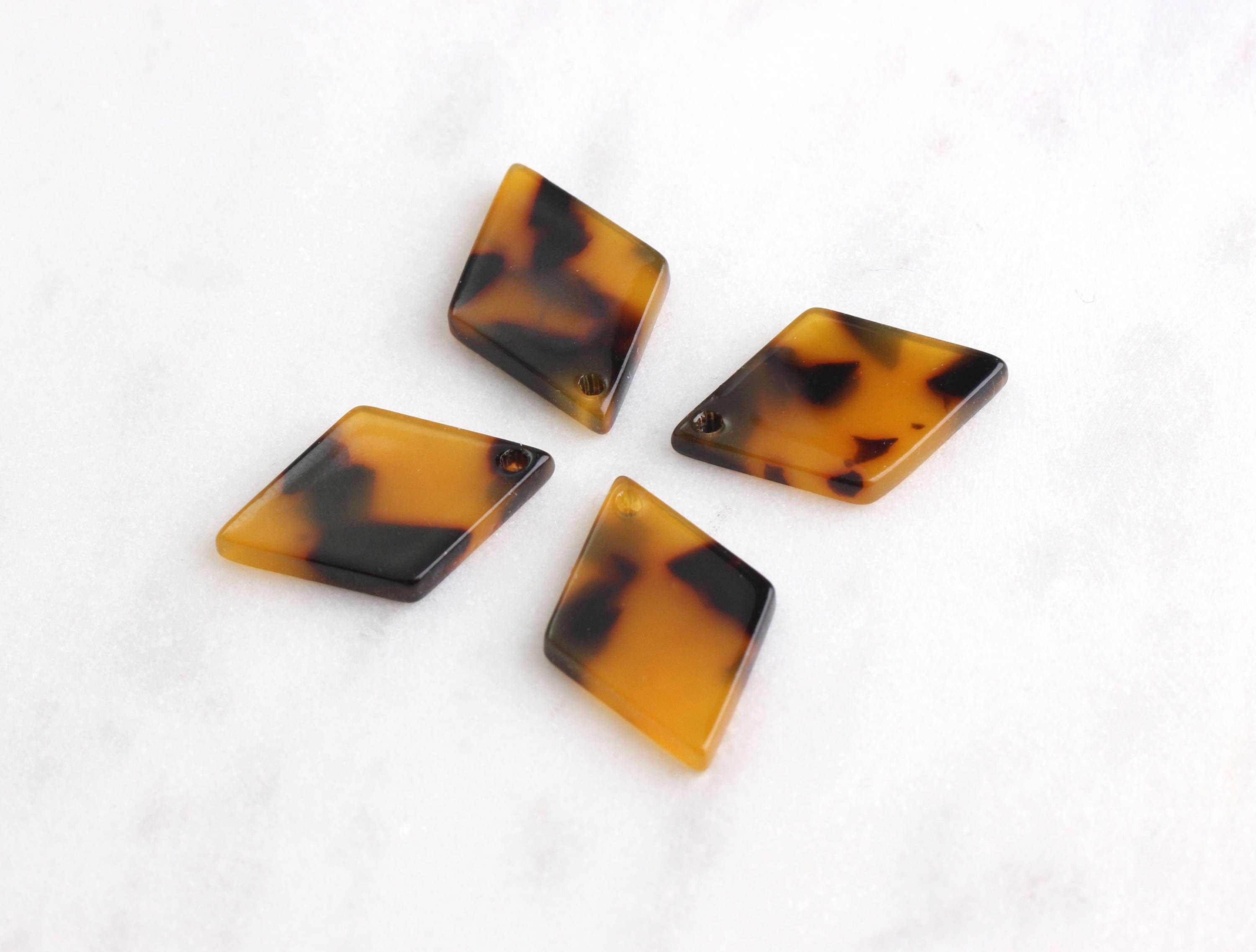 4 Tortoise Diamond Beads 22mm x 15mm, 1 Hole, Orange Brown Tortoise Sh