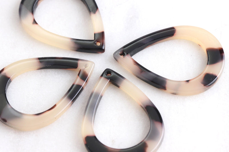 4 Marbled Open Teardrops Links 31mm x 22mm, Acrylic Tortoise Shell Connector, Large Teardrop Bead Hole, White Teardrop Flat, TD004-31-WT