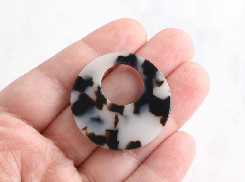 2 White Tortoise Shell Earring Parts, 35mm Rings Big Hoop Bead, Large Ring Bead, Big Hole Ring, Black White Marble Connector RG008-35-WT