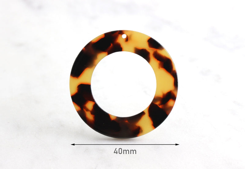 2 Large Rings in Tortoiseshell, Round Circle Pendants, Cellulose Acetate, 40mm