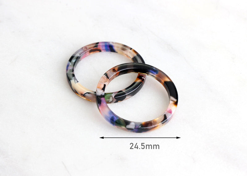 4 Flat Edge Ring Connectors, Colorful Resin Charms, Hollow Circle Pendant, Plastic Hoop Beads Donut, Rainbow Marble Acrylic, RG010-24-KMC