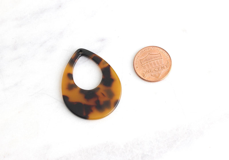 4 Flat Open Teardrop Bead 38mm, Off Center Hole, Cutout Teardrop with Hole, Black Orange Tortoise Shell Earring Parts Raindrop, TD003-38-TT