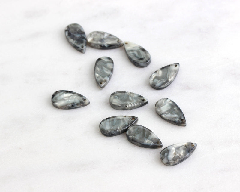 Black Marble Raindrop Beads with Silver Gray 4pc 7x14mm Teardrop Plastic Black Acrylic Shapes, Small Tear Drop Charm 1 Hole, TD001-14-QK