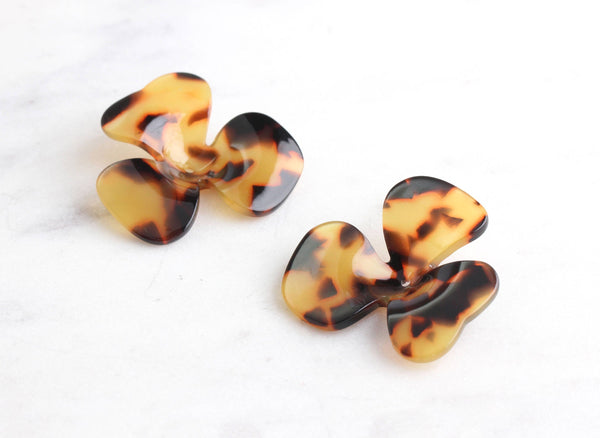 2 Large Three Petal Flower in Tortoise 32mm Flower Cabochon Acetate Flower Bead Cab Big Plastic Flower Hibiscus Center Hole, FW001-32-TT