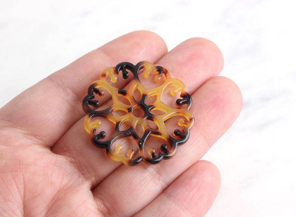 2 Tortoise Shell Flower Mandala Link 32mm, Filigree Flower Pendant Plastic Mandala Charm Large Flower Medallion Bead Cut Outs, FW003-32-TT