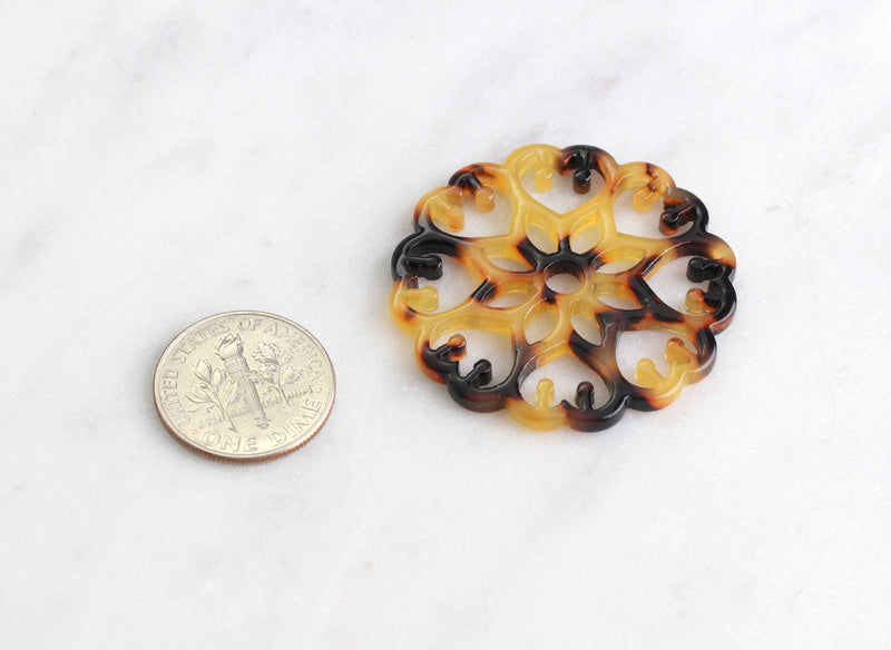 2 Tortoise Shell Flower Mandala Link 32mm, Filigree Flower Pendant Plastic Mandala Charm Large Flower Medallion Bead Cut Outs, FW003-32-TT