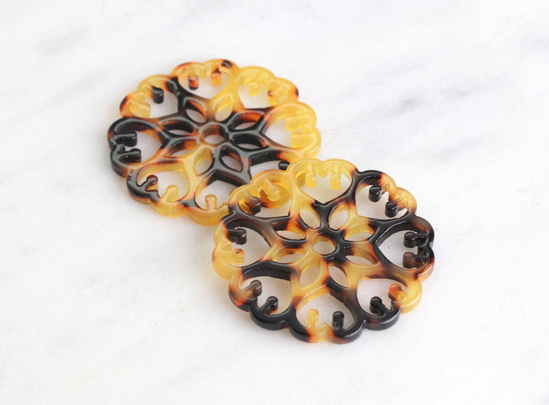 2 Tortoise Shell Flower Mandala Link 32mm, Filigree Flower Pendant Plastic Mandala Charm Large Flower Medallion Bead Cut Outs, FW003-32-TT