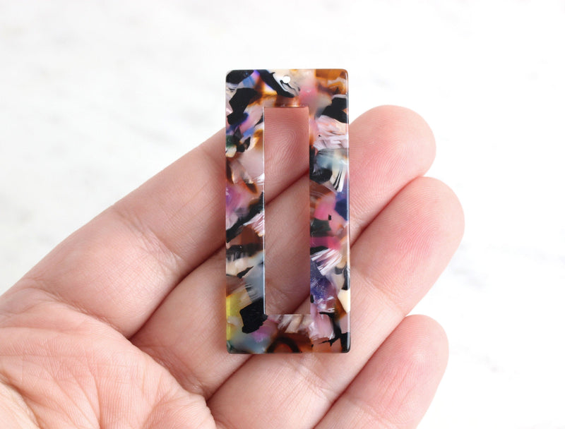 2 Large Rectangle Pendants in Multicolor Tortoise Shell, Cellulose Acetate, 50 x 21.5mm