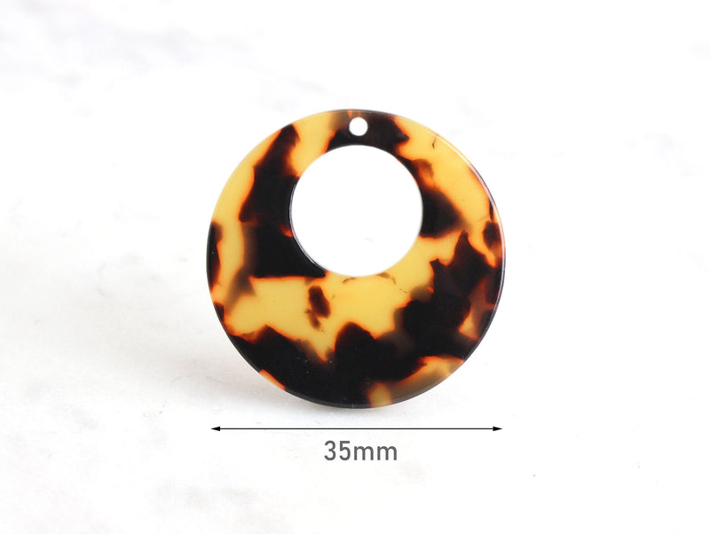 2 Tortoise Shell Flat Circle Pendants, Donut Orange Resin Acetate Bead, DIY Statement Earrings Charms, Large Circle Charm Hoops, RG018-35-TT