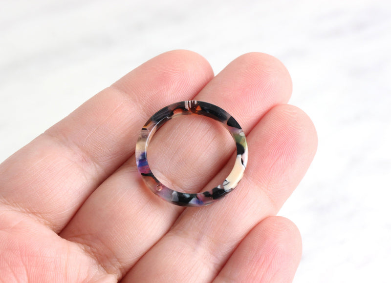 4 Flat Edge Ring Connectors, Colorful Resin Charms, Hollow Circle Pendant, Plastic Hoop Beads Donut, Rainbow Marble Acrylic, RG010-24-KMC