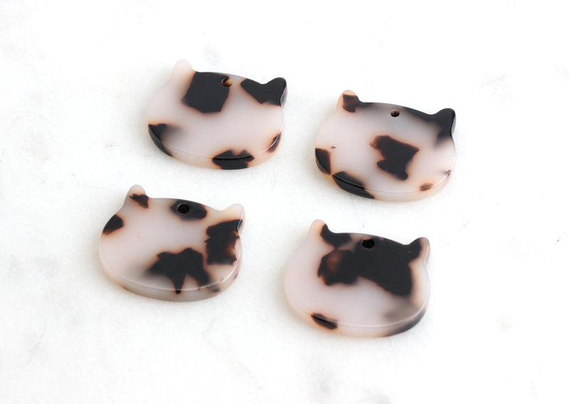 2 Cat Face Charms in White Tortoise Shell, Kawaii Cat Beads Kitty Charms Cat Lady Jewelry, Small Cat Tag, Black and White Marble XY002-21-WT