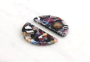 2 Large Half Moon Pendants in Multicolor, 37x18 Flat Half-Circle Charms Marble Acetate Earrings Findings, Rainbow Acrylic Bead CN015-37-DMC