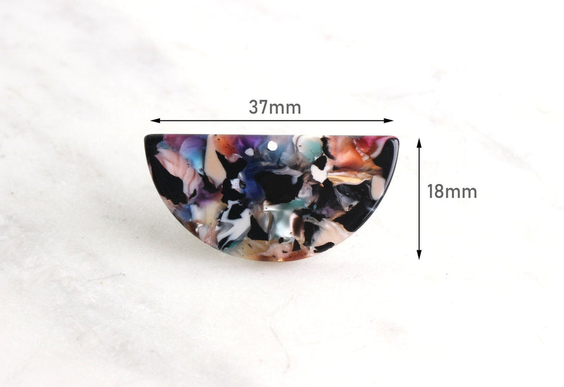 2 Large Half Moon Pendants in Multicolor, 37x18 Flat Half-Circle Charms Marble Acetate Earrings Findings, Rainbow Acrylic Bead CN015-37-DMC