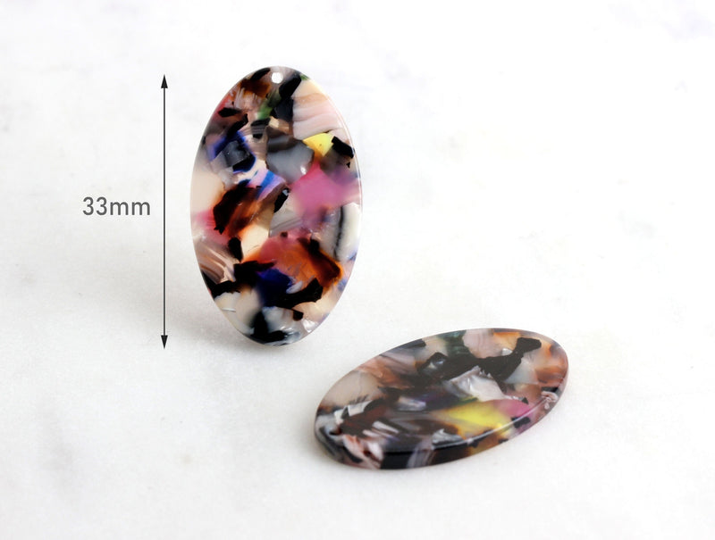 4 Large Oval Charms 33mm, Imitation Tortoise Shell Supply Colorful Acrylic Oval Disc Celluloid Acetate Tortoise Blue Pink Black VG011-33-KMC