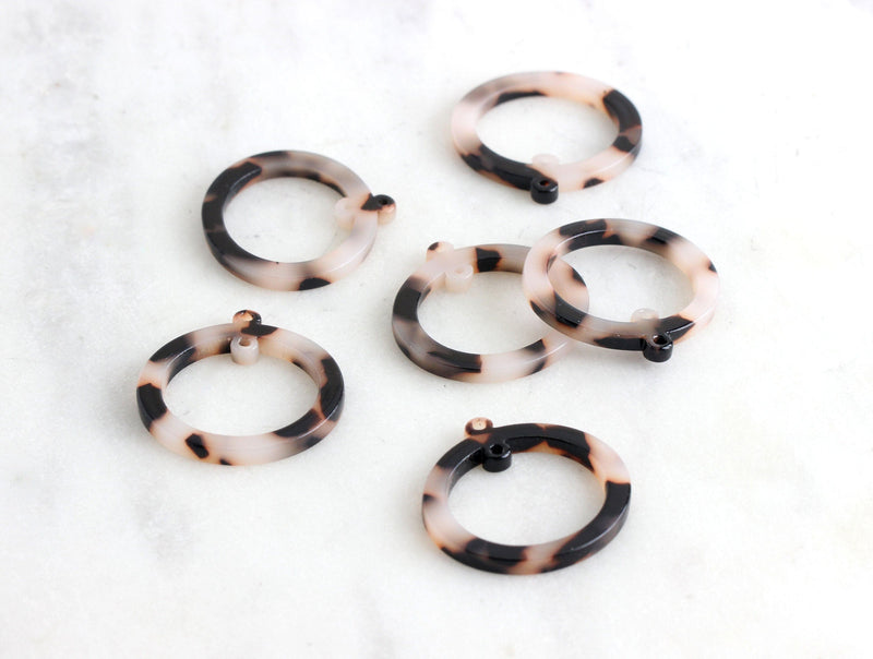 4 Two Hole Connectors, White Tortoise Shell Link Resin, Round Bead Frame Circle Ring with 2 Hole, Oval Hoop Bead, 25mm Ring Link RG022-25-WT