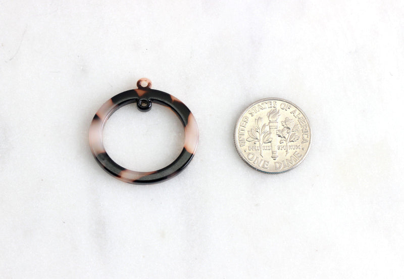 4 Two Hole Connectors, White Tortoise Shell Link Resin, Round Bead Frame Circle Ring with 2 Hole, Oval Hoop Bead, 25mm Ring Link RG022-25-WT