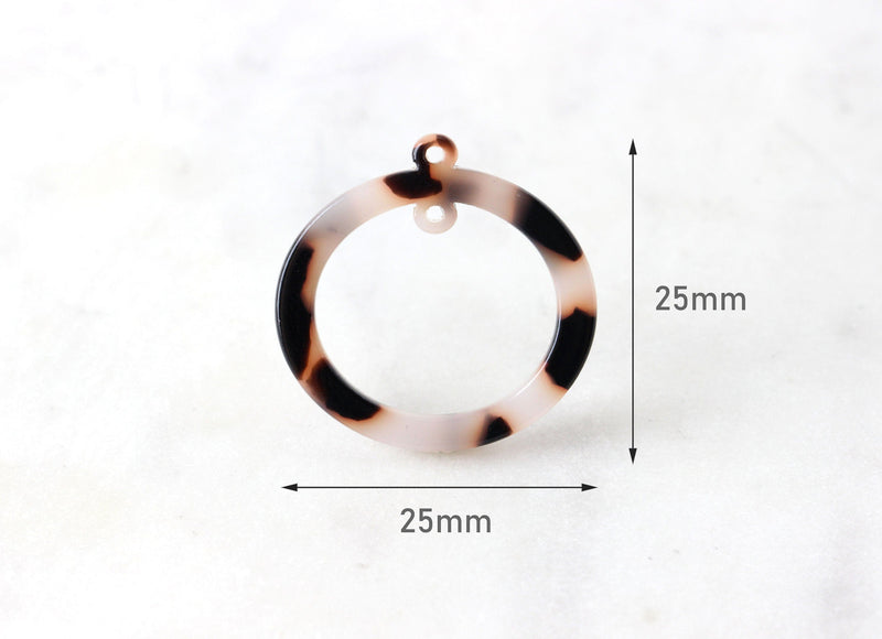 4 Two Hole Connectors, White Tortoise Shell Link Resin, Round Bead Frame Circle Ring with 2 Hole, Oval Hoop Bead, 25mm Ring Link RG022-25-WT