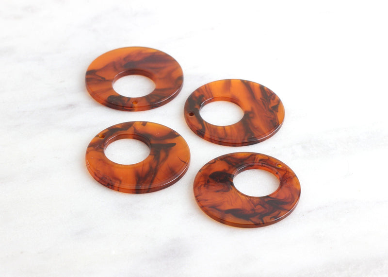 2 Amber Ring Drop Charms, Smooth Round Disc 35mm, Sandstone Bead Red Brown Circle Resin Hoop Earrings Faux Tortoise Shell Supply RG023-35-AM