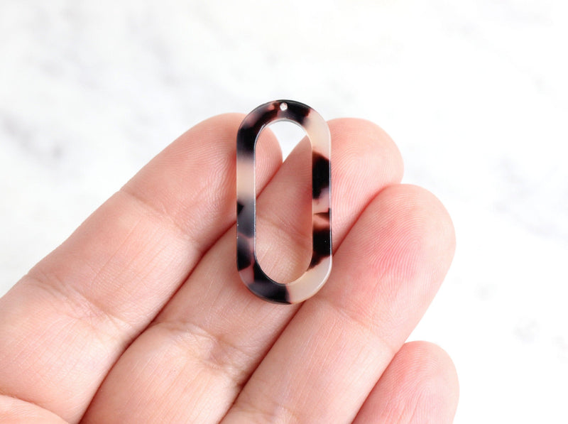 4 White Marble Resin Charms, 31mm Wide Oval Ring Beads Hoops, Long Oval Findings, Black and White Tortoise Shell Jewelry Making, VG010-31-WT