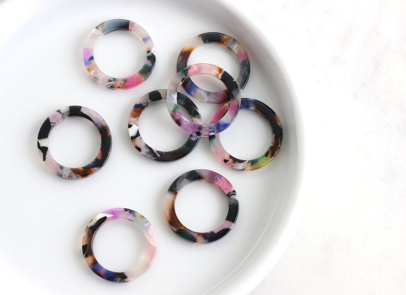 4 Colorful Connector Rings 20mm, Rainbow Marble Donut Beads, Small Ring Links Middle Hole, Flat Edge Ring Resin Multicolor, RG016-20-KMC