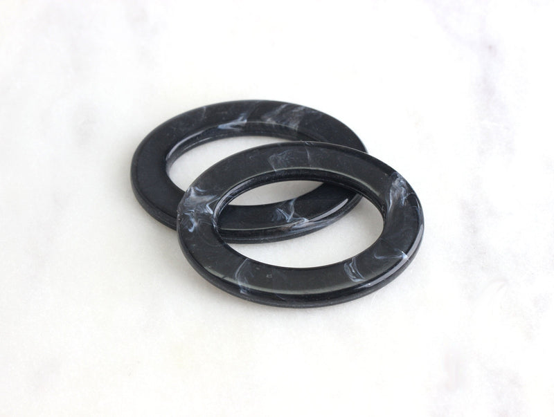 4 Large Oval Ring Connectors in Black Marble, Acrylic Plastic O-Rings, 37 x 18mm