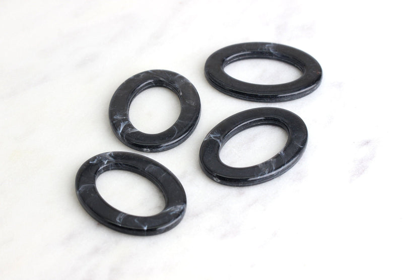 4 Large Oval Ring Connectors in Black Marble, Acrylic Plastic O-Rings, 37 x 18mm